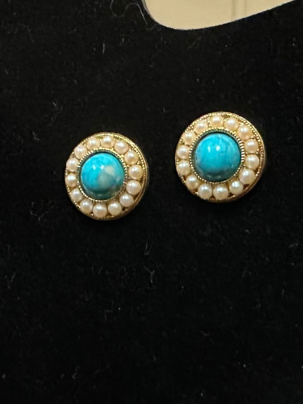 Vintage Stud Earrings | Turquoise Center w/ Gold & Pearl Halo | Fashion Jewelry